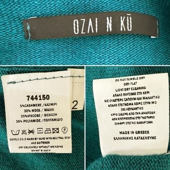 OZAI N KU Boxy front Pocket Sweater petrol turquoise pullover 8-10 wool cashmere - Picture 11 of 12
